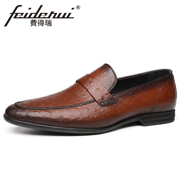 

new vintage genuine leather men's ostrich pattern loafers pointed toe slip on comfortable man retro casual shoes ymx799, Black
