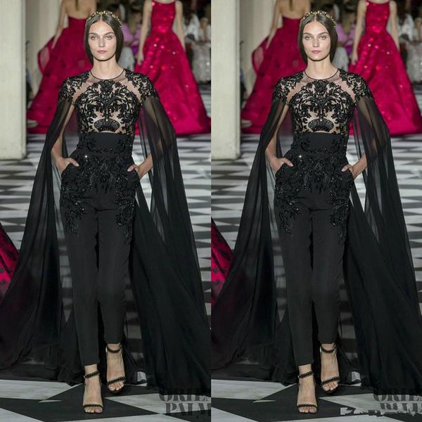 

black 2020 jumpsuits evening dresses with cape jewel neck lace appliqued beads prom gowns zuhair murad formal party dress, Black;red