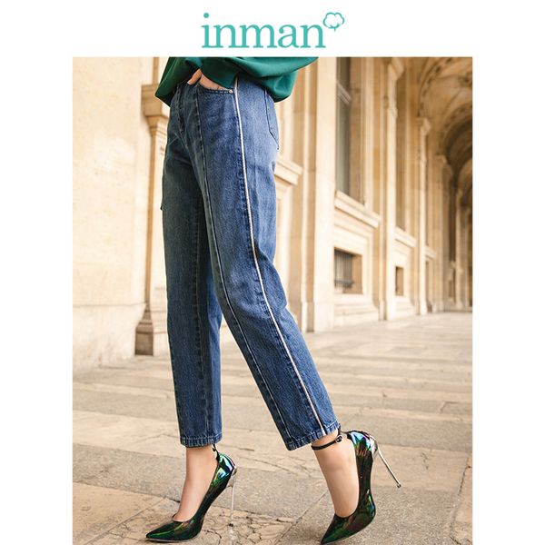 

inman 2019 new arrival medium waist retro korean loose straight slim all matched women jeans, Blue