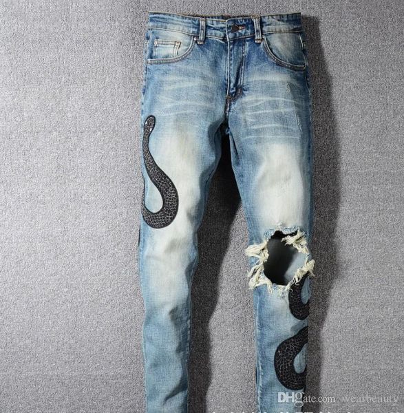 

mens designer jeans brand logo snake embroidery hole slim elastic jeans casual fashion pencil pants zipper denim jeans, Blue
