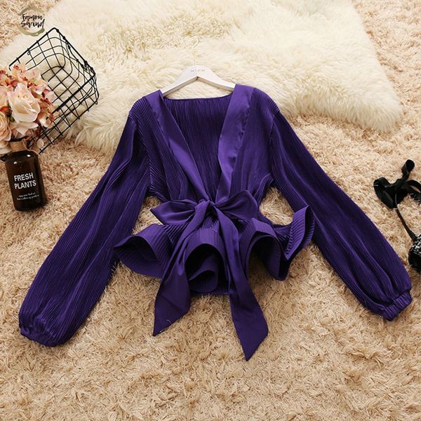 

2019 v neck spring new female deep v collar lantern sleeve lace up bow ruffles chiffon shirts womens elegant vintage blouse shirt, White