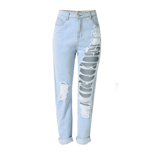 

streetwear punk broken hole destroyed jeans women high waist ripped boyfriend jeans for women plus size loose straight, Blue