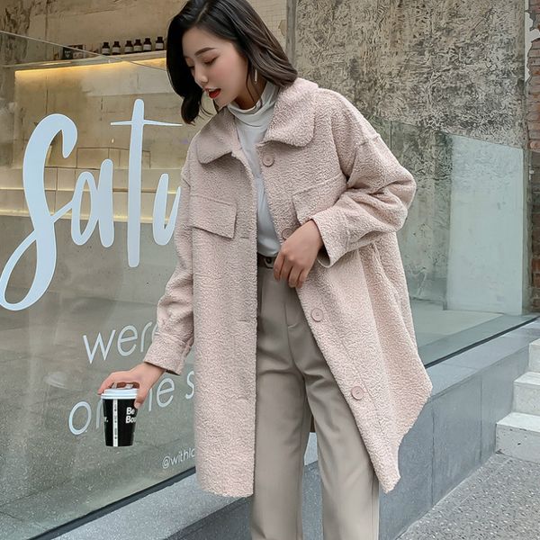 

autumn winter coats women woolen coat faux lamb wool blends turn down collar cashmere coats loose female jackets, Black