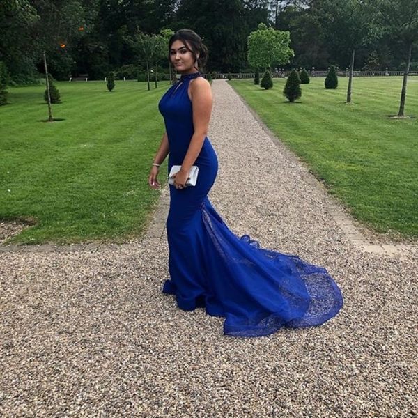 

high neck open back prom dresses mermaid keyhole front royal blue long graduation party dress with tulle vestido gala mujer, Black