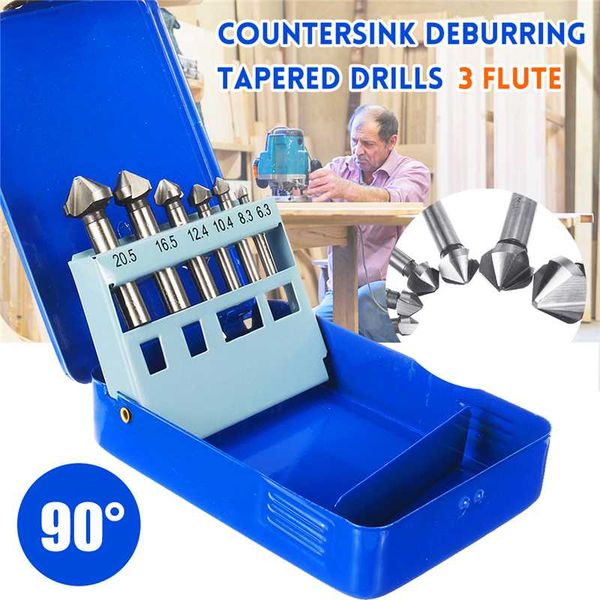 

round shank 6pcs 3 flute 90 degree hss chamfering end mill cutter countersink deburring tapered drill bit set 6.3-20.5mm