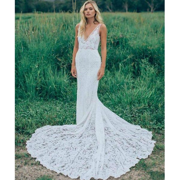 

deep v neck open back mermaid wedding dresses full lace sleeveless court train bridal gowns 2020 popular custom size, White