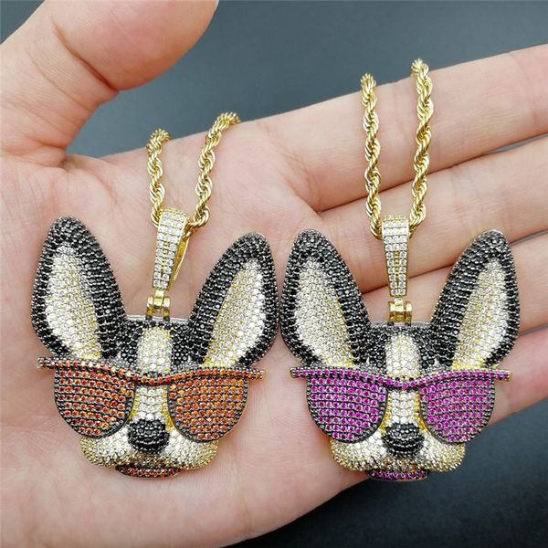 Cane animale in oro con retro massiccio ghiacciato con collana con ciondolo occhiali da sole Regalo di gioielli hip-hop da uomo con zirconi completi