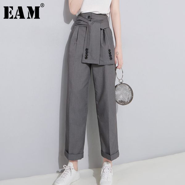 

eam] 2020 spring high waist lace up black slim temperament tide trend fashion new women's wild casual wide leg pants la462, Black;white