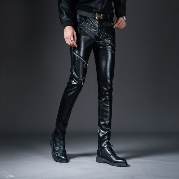

мужские повседневные кожаные штаны pu мужчины мода zipper pant мужской тонкий fit кожа мотоциклов штаны punk rock stage show одежда, Black