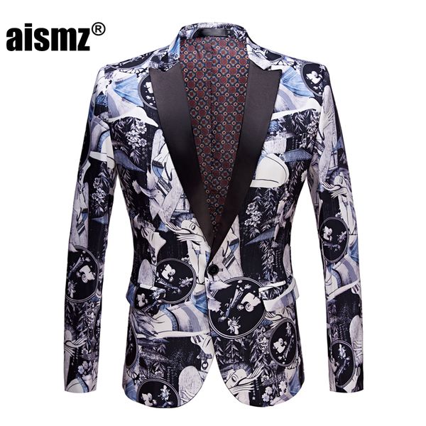 

aismz new male retro vintage artistry casual blazer beauty pattern print design mens fashion suit jacket singer costume coat, White;black
