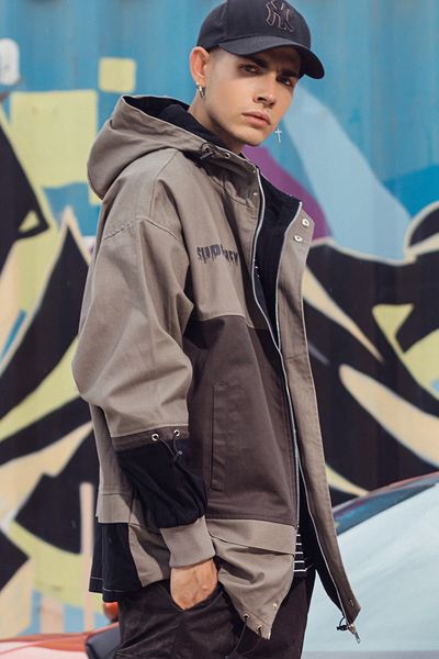 

autumn men's hooded jacket men's tooling fashion brand loose pure cotton ins color matching coat, Black;brown