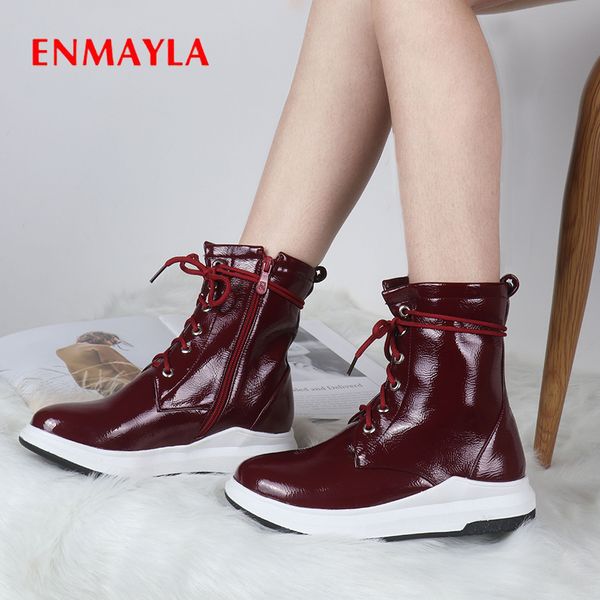 

enmayla spring/autumn microfiber cross-tied winter boots women round toe zip flat ankle boots height increasing winered shoes, Black
