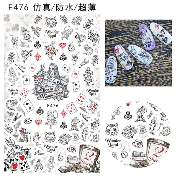 Acheter 1 Feuille Dessin Au Trait Chat Rose Fleurs Lady Alice à Wonderland Poker Noeud Papillon Imperméable Adhésif Nail Art Autocollants Stickers