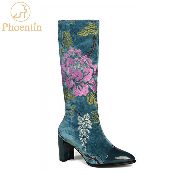 

phoentin flower embroidery boots women 2019 fashion blue mid-calf booties with zipper high heels patchwork shoes ladies ft586, Black