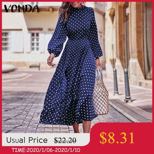 

vonda bohemian dresses 2019 autumn women long sleeve vintage polka dot o-neck dress casual loose midi dress plus size sundress, Black;gray