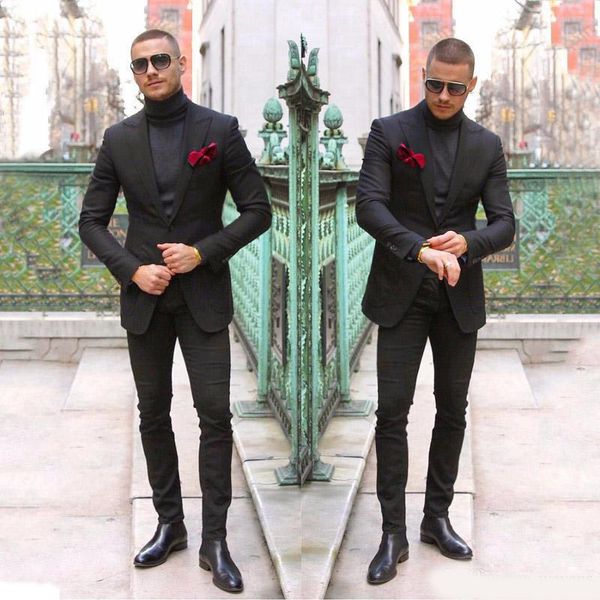 

vintage black two button wedding tuxedos peaked lapel slim fit men's groomsmen wear tailor blazer and pants, Black;gray