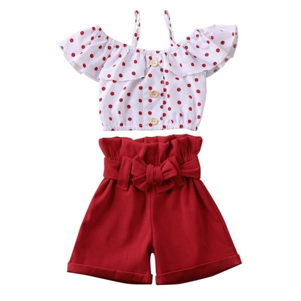 

toddler kids baby girls clothes ruffle dots t-shirt strap +bow high waist shorts pants outfits summer clothing set 1-6y, White