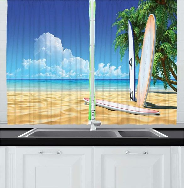 

тропические кухонные шторы доска для серфинга на песке у океана море идиллическое безмятежное побережье райское изображение оконные шторы дл