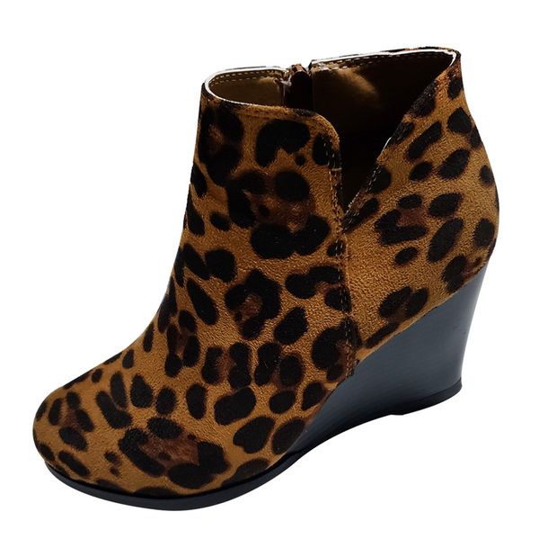 

outdoor boots women's ladies fashion girls leopard wedges ankle zipper short boots bootie shoes comfort winter warm botas mujer, Black