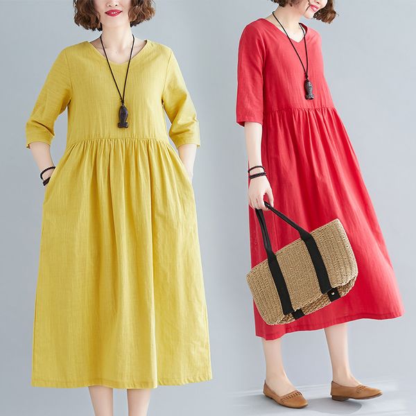 

#0207 summer v neck cotton and linen dress women half sleeves plus size midi dress ladies vintage loose yellow black green red, White;black