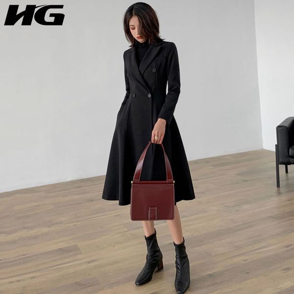 

hg] double breasted women fashion new 2019 spring solid color a-line loose pocket v-neck full sleeve casual trench wbb1927, Tan;black