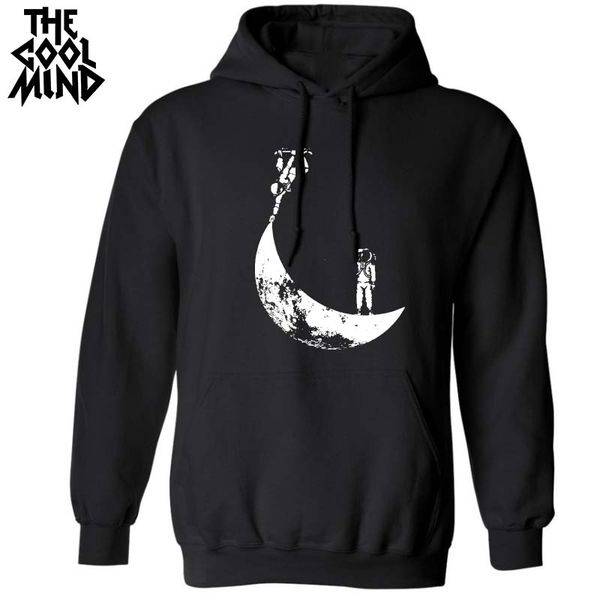 

the coolmind autumn loose street style moon men hoodies with hat cotton blend fleece knitted men sweatshirts, Black