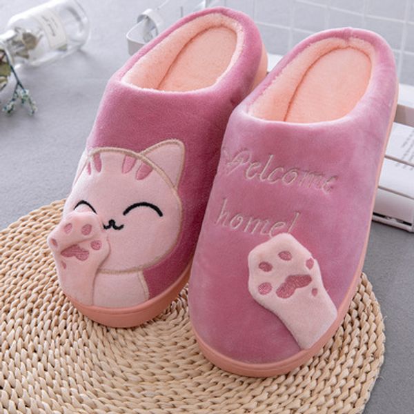 

winter cartoon auspicious cat winter home indoor cotton thick bottom slip-proof warm cotton slippers for men and women, Black