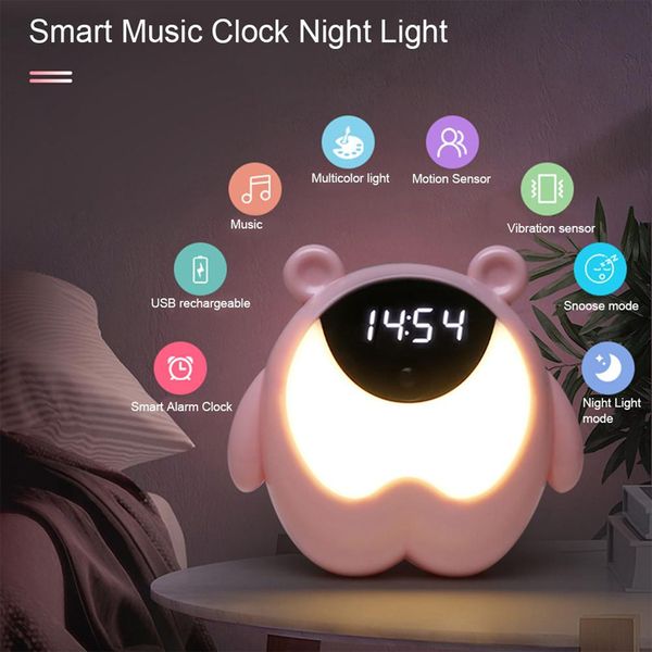 

cute bear alarm clock with music night light rgb alarm clock lamp children's room sensor table lamp usb table lamp children gift