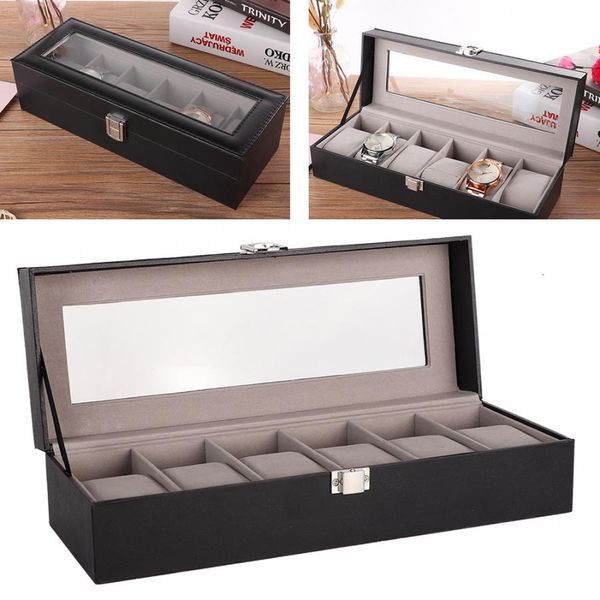 

6 slots watch storage box case organizer jewelry collection display container black storage gift boxes i, Black;blue
