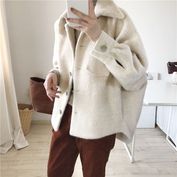 

2019 autumn winter women gray wool coat ladies solid casual coats single breasted turn-down collar jakectswhite color, Black
