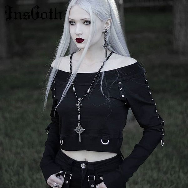 

insgoth женщины crop толстовки толстовка готика short top off shoulder streetwear lady с капюшоном вскользь harajuku пуловер пальто, Black