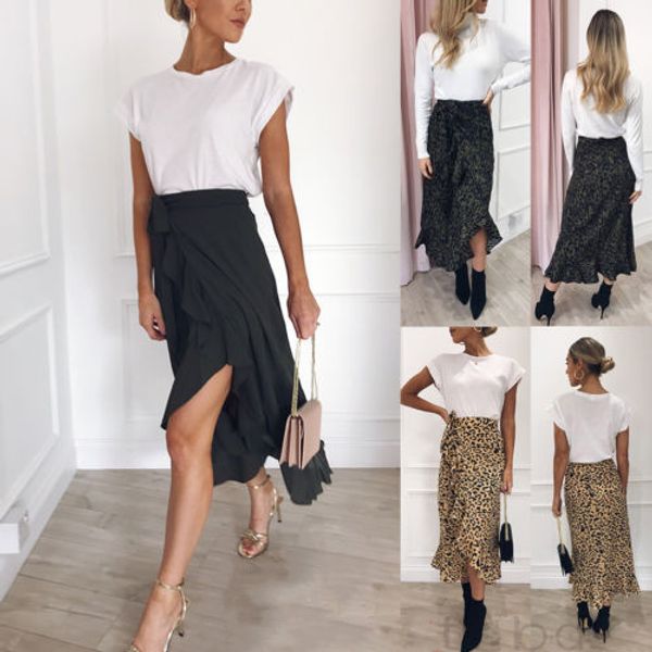 

2019 новые летние горячие моды дамы юбка-карандаш в длинную секцию юбка с высокой талией трепал нерегулярные длинные кружева юбка леопардовы, Black
