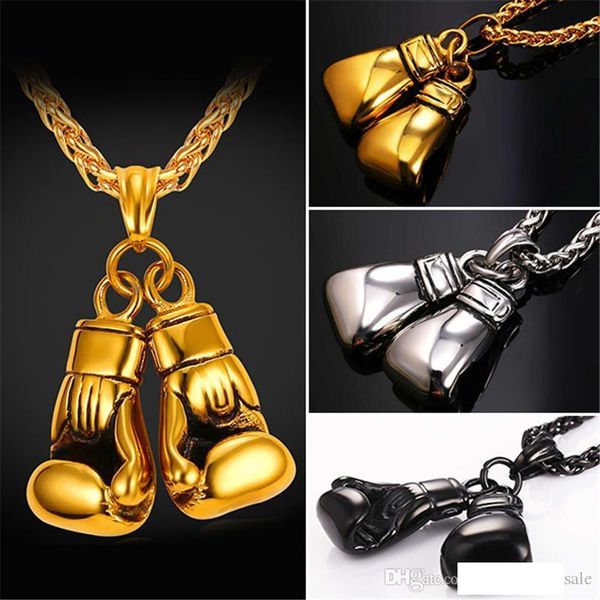 

u7 cool sport new men necklace fitness fashion stainless steel workout jewelry gold plated pair boxing glove charm pendants accessories gift, Silver