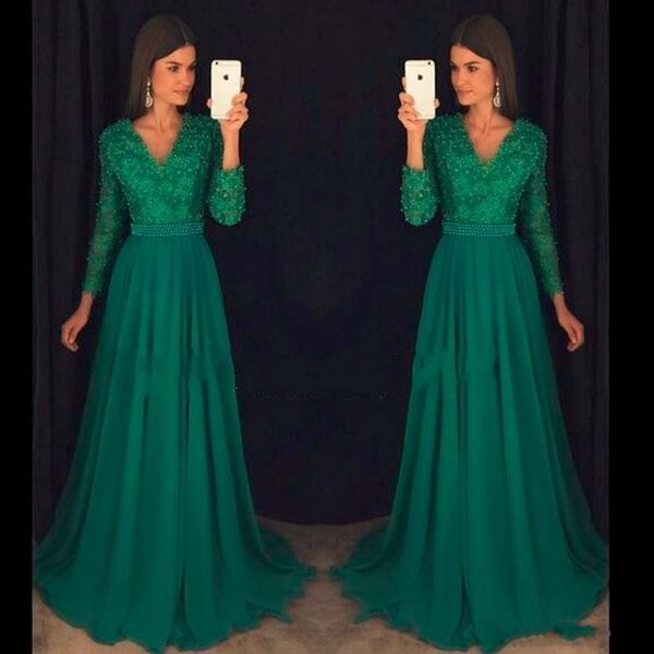 

Sparkly Emerald A Line Prom Dresses Beading Crystal V Neck 3/4 Long Sleeve Lace Applique Chiffon Sweep Train Evening Gowns Party Dress