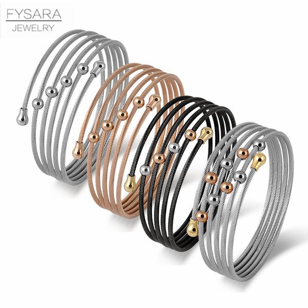 

fysara simple bead multi-layer twist cable wire bangles & bracelets for women jewelry stainless steel charm cuff bracelet silver, Black