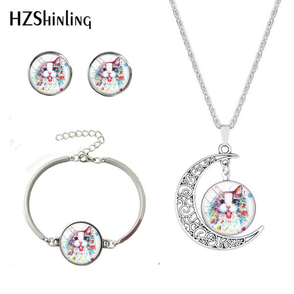 

new women necklace earrings bracelet lovely cats jewelry sets glass cabochon cats painting moon pendant earrings sets, Slivery;golden
