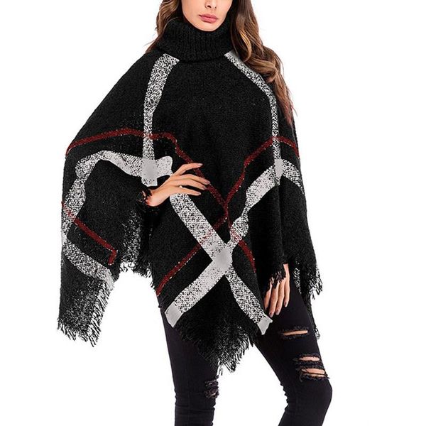 

poncho style loose casual tassel sweater batwing sleeve autumn winter knitted turtleneck sweater women plaid long pullovers, Black