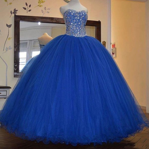 Funkelndes königsblaues Ballkleid Quinceanera-Kleider mit Perlen verziert, bodenlangen Tüll, formelles Kleid, Abendkleider, Abendkleider