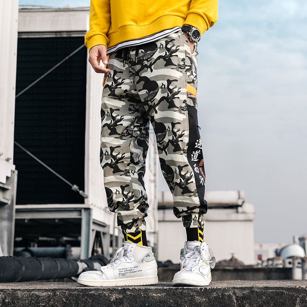 

2019 camouflage joggers pants men hip hop casual chinese characters harem pants mens color camo trousers, Black