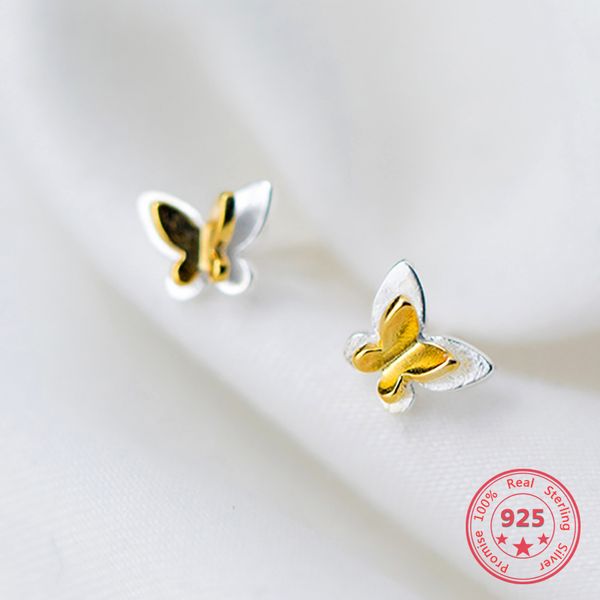 

2019 real 100% 925 sterling silver goldcolor butterfly stud earrings for women birthday party fine jewelry classic bijoux gift, Golden;silver