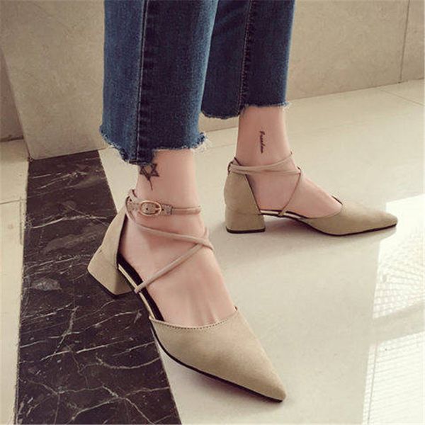 

suede square heel pumps women shoes 2019 summer shoes women fashion pointed toe buckle strap sandals riband flock female, Black