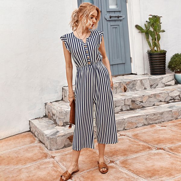 

fashion women's clothing in europe and america 2020 summer stripes jumpsuits independent stand style casual pants, Black;white