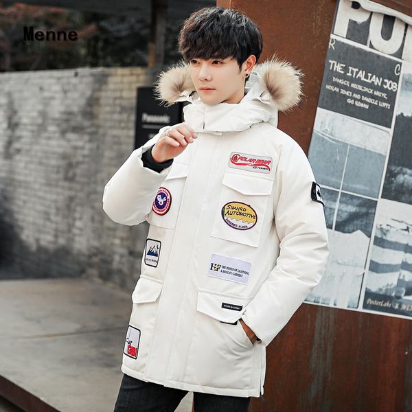 

2019 winter korean version of the thick down coat in the long section of large fur collar hooded men's clothing, Black