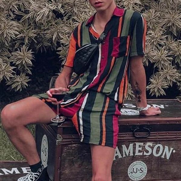 

men's tracksuits men summer sets short sleeve cardigan shirts elastic shorts fashion suit man vintage printing hawaiian beach streetwea, Gray