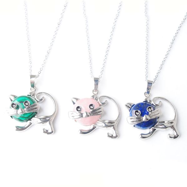 

wojiaer new cute animal cat pendant necklaces bead round natural gem stone fashion jewelry for women dbn801, Silver