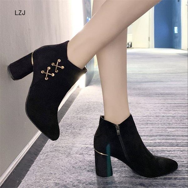 

lzj 2019spring autumn stiletto thin high heels pointed toe faux leather zipper style ankle womens boots bota feminina 35-40, Black