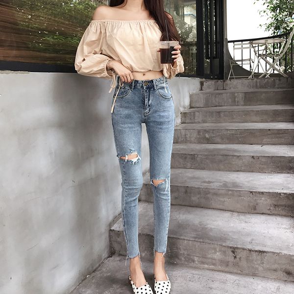 

skinny stretch denim high waist bandage destroyed ripped hole pencil elegant pant women vintage solid blue fashion jeans