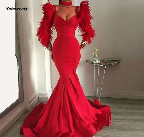 

mermaid red feathers evening dresses spaghetti straps 2019 slim party gown long sleeves prom dresses vestido de festa longo new arrival, Black;red