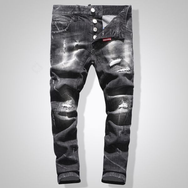 

european american style men's slim jeans straight zipper jeans pencil pants black punk style hole for men, Blue