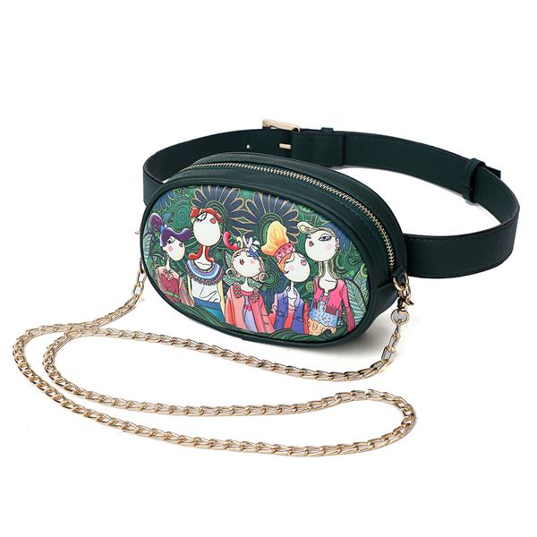 

fggs new pu leather ladies green cartoon waist bags women waist fanny packs belt crossbody bags chest chain handbags